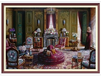Living Room - Cross Stitch Pattern - PDF Counted Vintage  Full Cross Stitches - 4 Sizes