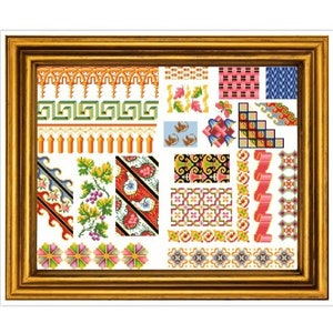 May include: A collection of colorful, intricate embroidery patterns, including floral, geometric, and ribbon designs. The patterns are arranged in a grid within a gold frame.