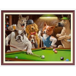 May include: A group of dogs playing pool. A bulldog is taking a shot, while a corgi, a dachshund, a German Shorthaired Pointer, and a Great Dane watch. The dogs are wearing hats and clothes, and the pool table is green with a brown felt.
