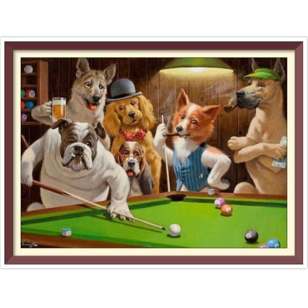 PDF Counted Vintage Cross Stitch Pattern - Dogs Play Billiards - Hustler - Cassius Marcellus Coolidge 1909 - Full Cross Stitches - 3 Sizes