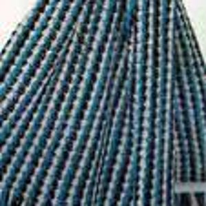 May include: A blue, white, and black striped crocheted throw blanket with fringe on the edges.
