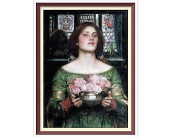 May include: A woman in a green dress holds a silver bowl filled with pink roses. She stands in front of a stained glass window with a dark background.