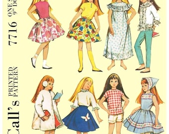 May include: McCall's 7716 printed pattern for a doll's instant wardrobe. The pattern is for a 9-inch doll and includes eight different outfits, including a dress, skirt, pants, and a coat.