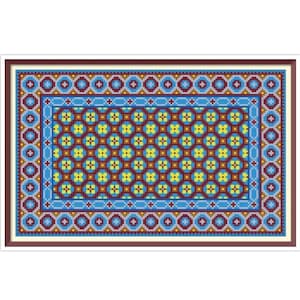 May include: A blue and brown patterned rug with a geometric design. The rug has a border of circles and squares.