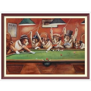 Puede incluir: Una pintura de siete perros jugando al billar. Los perros llevan sombreros y corbatas de lazo. La mesa de billar es verde con fieltro marrón. La pintura está ambientada en una habitación con una pared marrón y un cartel que dice "REGLAS".