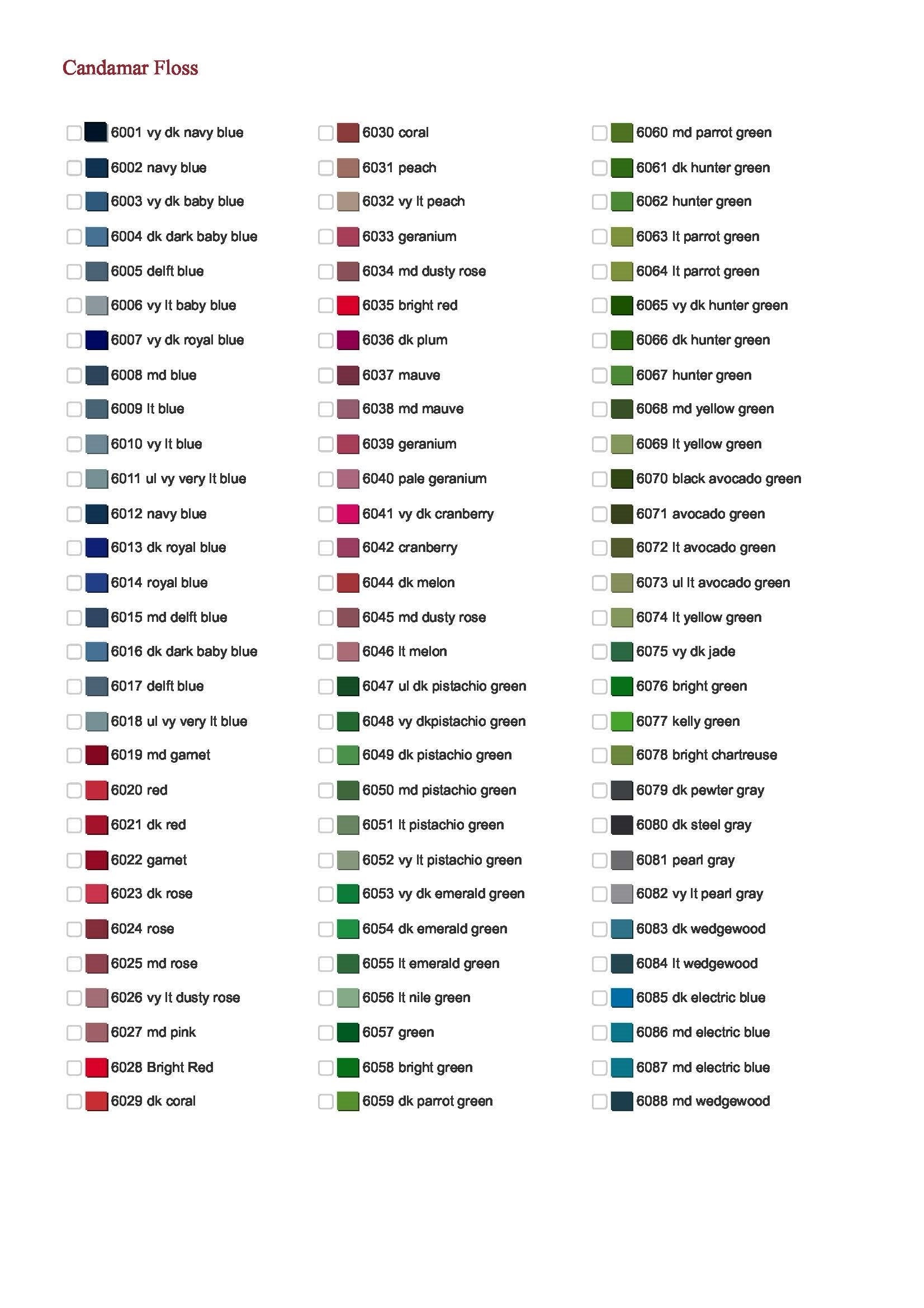 Candamar Thread List by Color, Number, Name - Cross Stitch