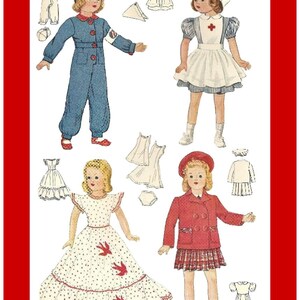 Könnte beinhalten: Vintage Papierpuppen-Bild mit vier verschiedenen Outfits. Die Outfits umfassen einen blauen Overall mit Mütze, eine Krankenschwesteruniform, ein gepunktetes Kleid mit roten Akzenten und einen roten Mantel mit einem karierten Rock.