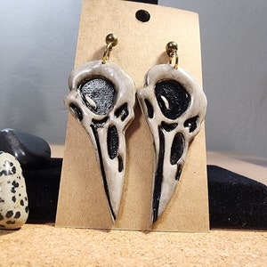 raven skull earrings, oddities and curiosities jewelry, bone earrings dangle, nickel free earrings, witchy gifts for best friend, goth gifts