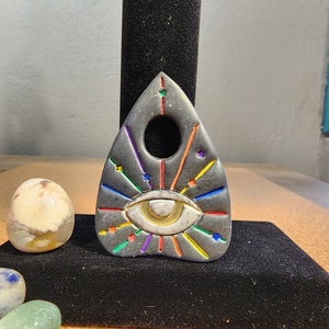 ouija planchette magnet, spirit board witchy gifts for best friend, spiritualist occult gifts, rainbow evil eye, queer owned business, pride