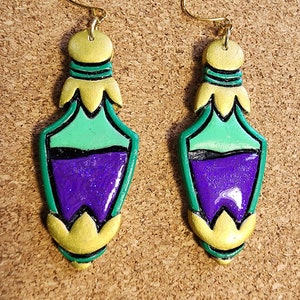 potion bottle earrings, green and purple earrings dangle, witchy gifts for best friend, book gifts for book lovers, DnD potion of healing