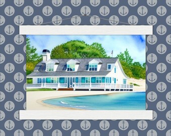 Cape Cod Beach House - Turquoise Mansion | Cape Cod Summer Vibes | Poster mit Holzleisten | Neuengland Kunst | Aquarellmalerei Kunstdruck