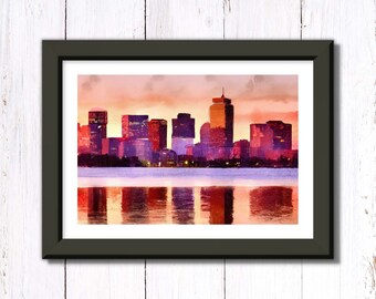 Boston Skyline at Sunrise | New England Watercolor | Poster with metal frame | Boston Art | Watercolor painting art print