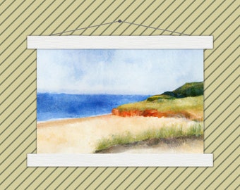 Picturesque coastal dunes on Cape Cod | Cape Cod Summer Vibes | Poster with wooden slats | New England Art | Watercolor painting art print