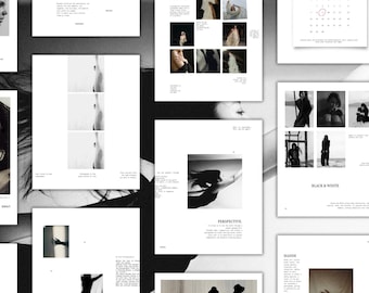 May include: A collection of black and white art prints and mood boards. The images feature portraits, silhouettes, and abstract compositions. The prints are arranged on a surface, creating a visually engaging display. The overall aesthetic is minimalist and artistic.