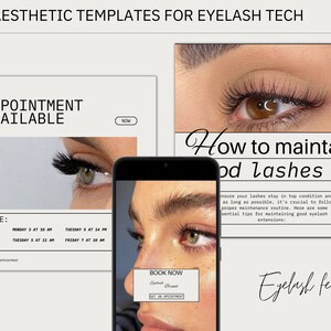 May include: A social media post for an eyelash technician. The post features a close-up of a woman's eye with long eyelashes and the text "How to maintain good lashes?"  The post also includes a calendar with appointment availability and a button that says "Book Now".
