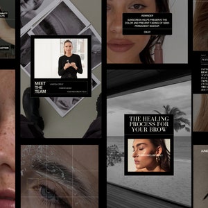 May include: A collage of images promoting eyebrow services. The images feature close-ups of eyebrows, a woman with a tool, and a woman with a healed eyebrow. The text includes "Meet the Team", "The Healing Process for Your Brow", and "Why You Should Get Brow Lamination".