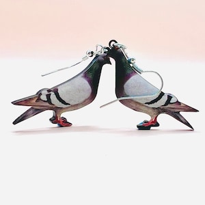 Quirky pigeon dangle drop earrings. Handmade Funky fun & unique Gift