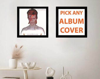David Bowie Aladdin Sane Album cover, poster, wall art. Print or Fully Framed Available. Actual size of original Vinyl Covers.