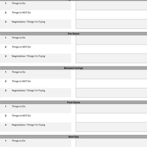 Op de afbeelding: Een afdrukbare checklist voor het plannen van routines voor, tijdens en na een wedstrijd. De checklist bevat secties voor dingen die moeten worden gedaan, dingen die niet moeten worden gedaan en onderhandelbare items. De checklist is onderverdeeld in vijf secties: De avond ervoor, Voor de wedstrijd, Tussen de innings, Na de wedstrijd en De volgende dag.