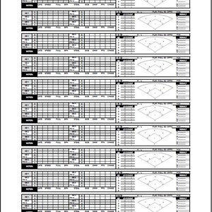 May include: A black and white baseball pitching chart with a grid for recording statistics and a baseball field diagram for recording play outcomes. The chart includes columns for date, opponent, starter, relief 1, relief 2, relief 3, and relief 4. The chart also includes columns for AB1, AB2, AB3, PH, ADS, PH, AD, PH, LATE SPEED, PULL, BPH, STEAL, BOB, DNW, FPS, and CHASE.