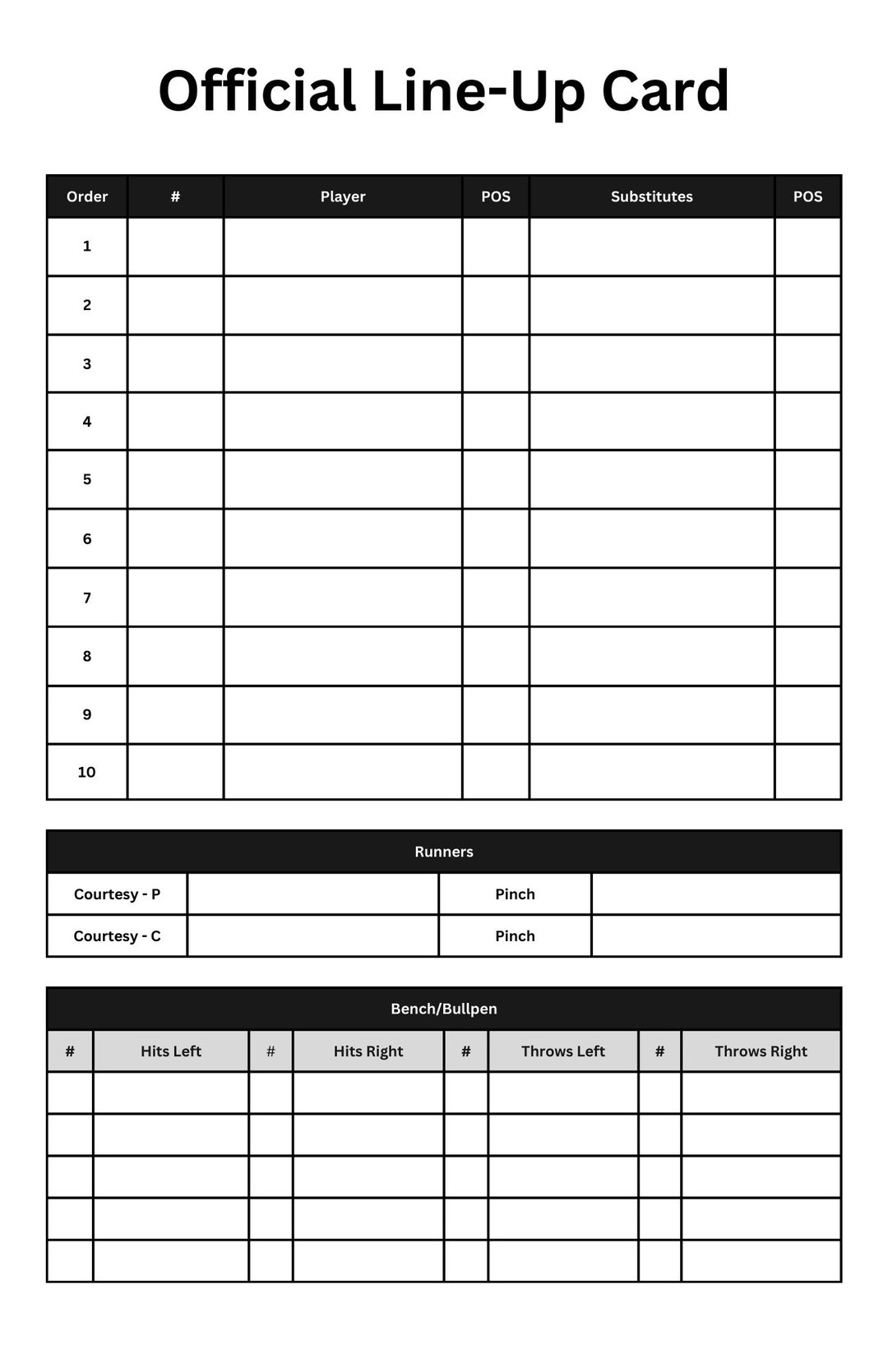 Large Format Baseball Dugout Lineup Cards 11x17 Etsy