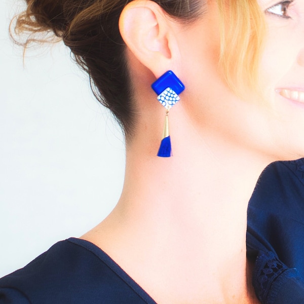 Boucles d'oreilles bleu Roi - Boucles d'oreilles pendantes - Cadeau femme - Bijoux chic - Boucles d'oreilles élégantes