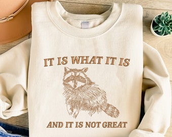 It Is What It Is And It Is Not Great Embroidered Sweatshirt, Funny Sweatshirt, Meme Sweatshirt, Raccoon Sweatshirt, Meme Gift, Meme Sweater