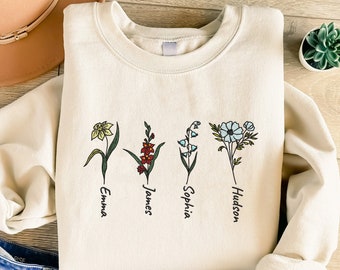 Custom Birth Month Flower Embroidered Sweatshirt, Birth Month Sweatshirt, Birth Flower Sweatshirt, Custom Name Flower Sweatshirt, Wildflower