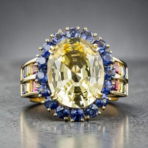 May include: A gold ring featuring a large, oval-cut yellow gemstone surrounded by a halo of blue gemstones. The ring's band incorporates additional blue, pink, and yellow gemstones, creating a vibrant and luxurious design.