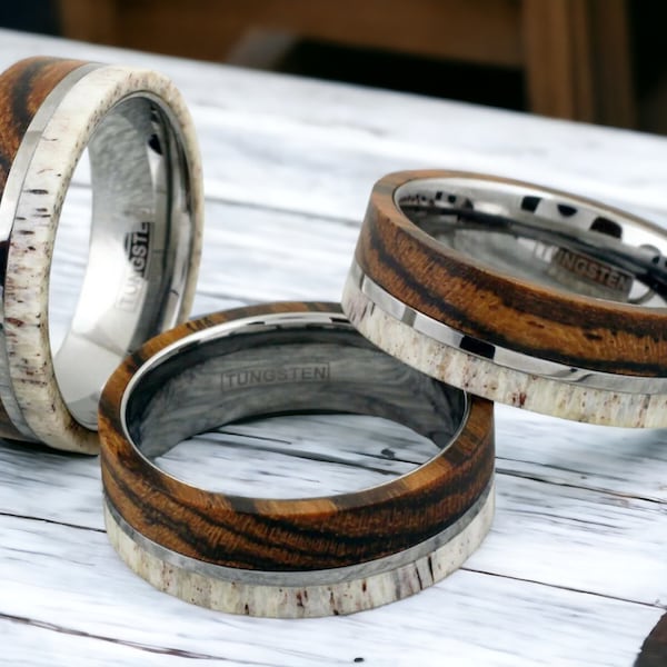 Elevate Your Style: Deer Antler Tungsten Ring with Hawaiian Koa Wood Inlay