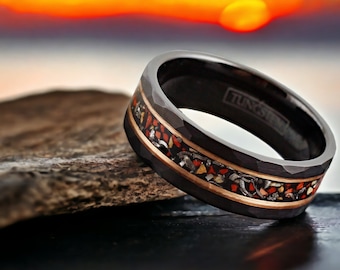 Men's Dinosaur Bone & Meteorite Ring | Tungsten Carbide Black and Rose Gold