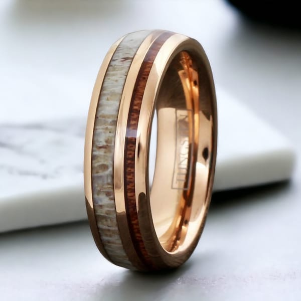 Rose Gold Tungsten Dome Ring with Deer Antler & Koa Wood Inlays | 6mm 8mm Widths