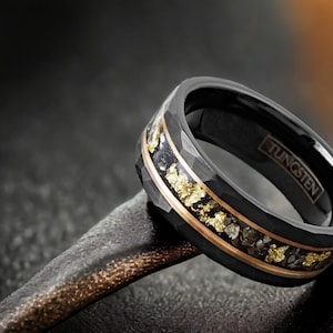 Tungsten Carbide Black Rose Gold Plated Stripe Ring with 24K Gold Foil & Meteorite | Unique Handcrafted Men&#39;s Wedding Band