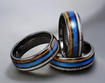 Black Tungsten Ring: Whiskey Barrel Oak, Fishing Line Inlay