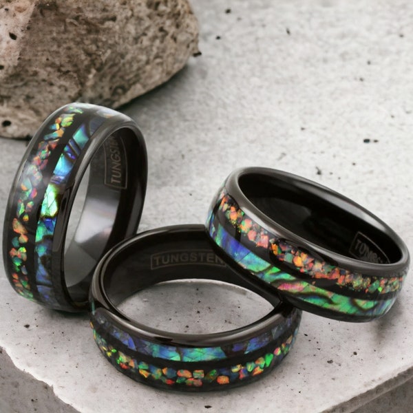 Black Tungsten Dome Ring with Hawaii Opal & Abalone Inlays | Men's Wedding Band