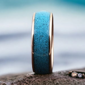Brilliant Polished Rose Gold Tungsten Ring with Charming Crushed Turquoise Inlay