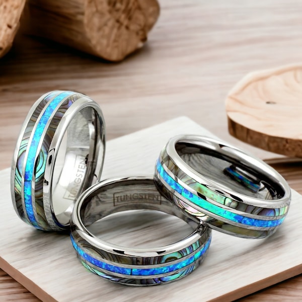 Silver Tungsten Ring with Man-Made Opal and Abalone Inlays | Low Dome Wedding Band