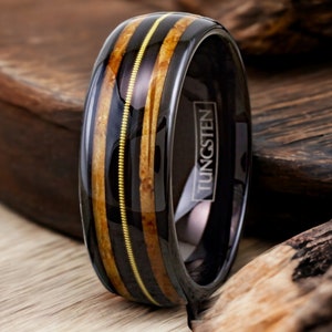Harmony in Every Note Guitar String Ring with Whiskey Barrel Wood Band Unique Tungsten Men's Wedding Ring for Musicians