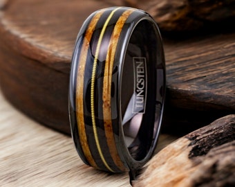 Guitar String Tungsten Ring: Whiskey Barrel Wood Band, Musician Wedding Band