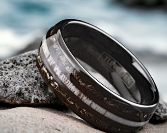 Men's Black Tungsten Wedding Band: Meteorite Inlay, Rose Gold Accent