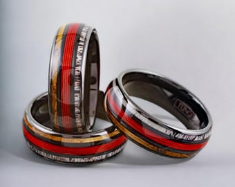 Black Tungsten Ring: Whiskey Barrel Oak, Deer Antler & Red Fishing Line Inlay