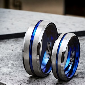 Black Tungsten Wedding Band with Blue Groove - Unique Men&#39;s Ring for Gifts - Thin Blue Line Ring