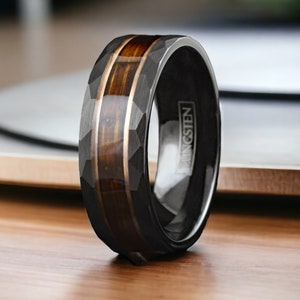 Black Tungsten Whiskey Barrel Ring - Rustic Men&#39;s Wedding Band