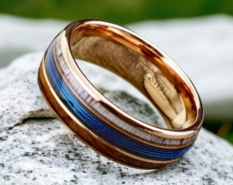 Personalized Tungsten Blue Fishing Line-Whiskey Barrel-Deer Antler Band Ring | Men's Wedding & Engagement Ring