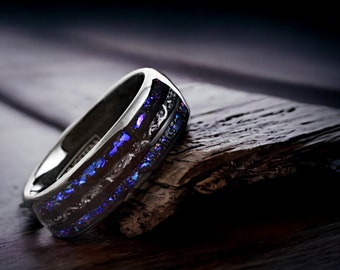 Black Tungsten Carbide Ring: Blue Sandstone & Meteorite Galaxy Wedding Band