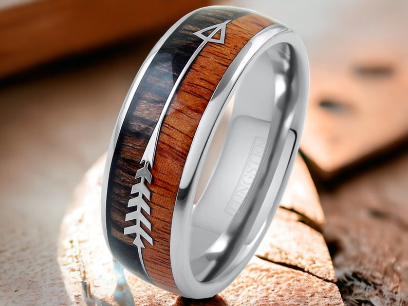 Silver Tungsten Dome Ring: Koa Wood & Feathered Arrow Inlays - Etsy