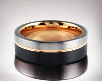 Black Tungsten Wedding Band: Silver Brushed Rose Gold Ring
