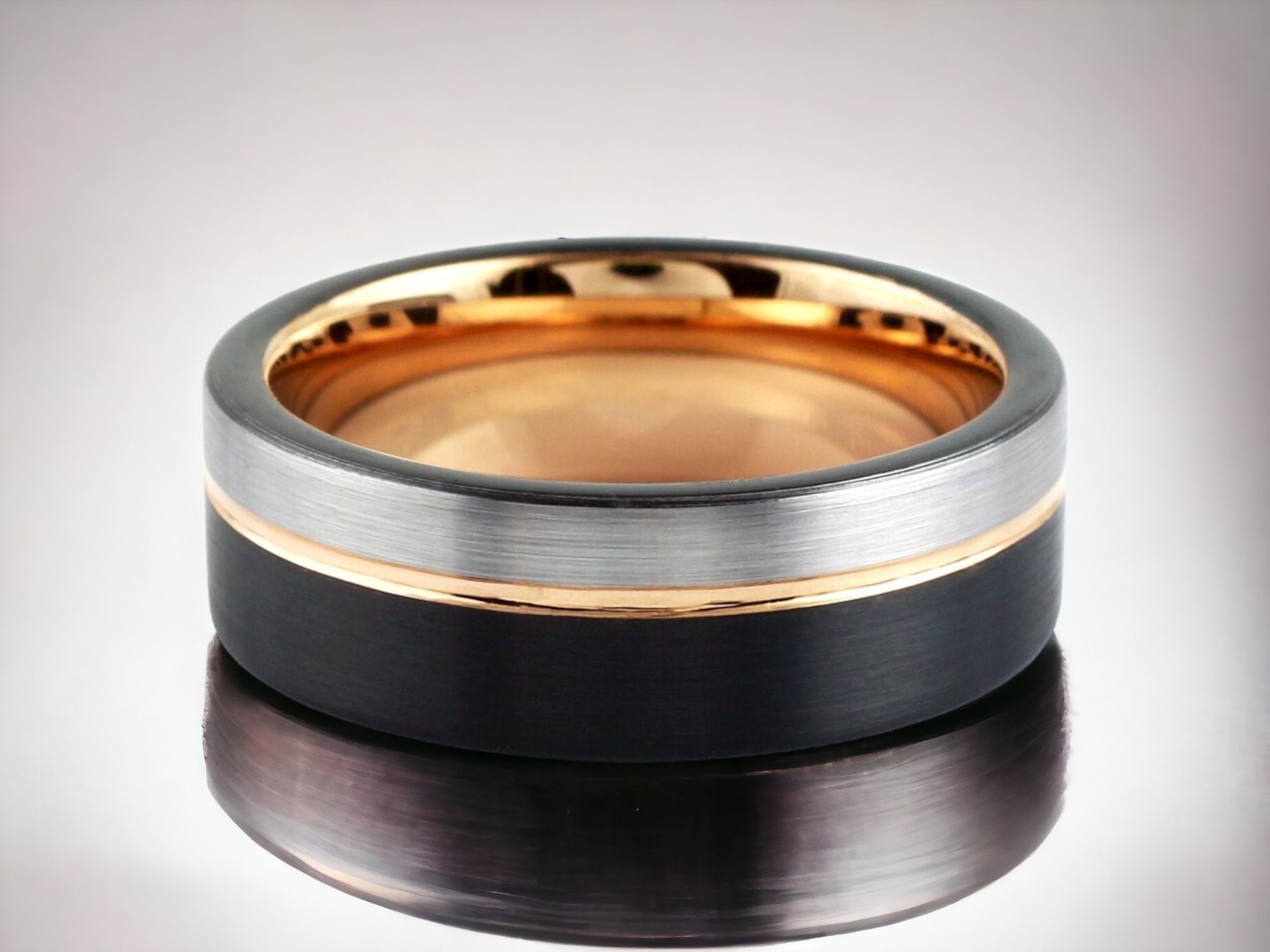 Couple Unique Wedding Band Black & Silver Brushed Rose Gold