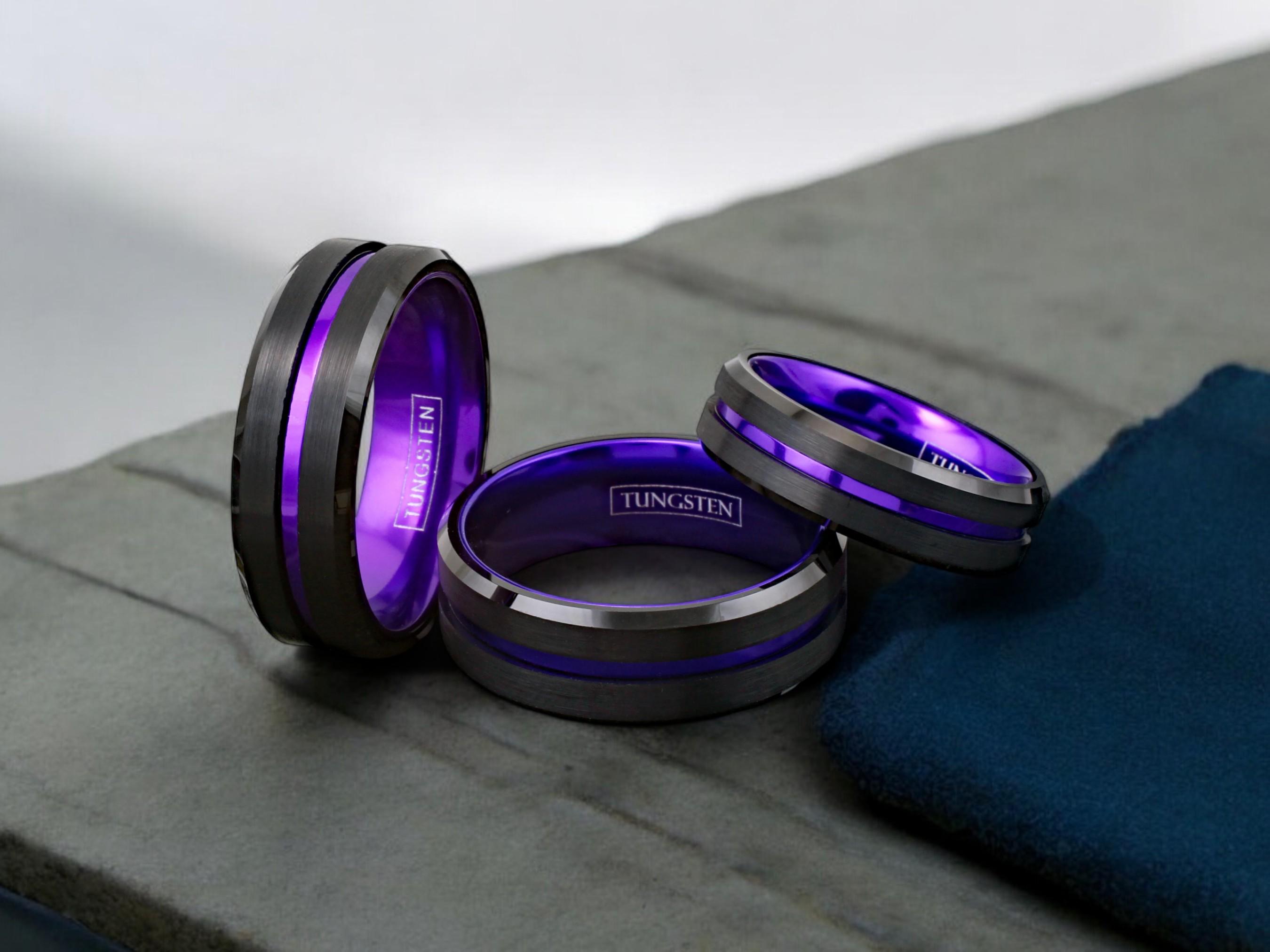 【BLACKPURPLE】[BLACKLABEL] Bolide Cubic Ring Spectacular Black Tungsten Ring With Purple Stripe and