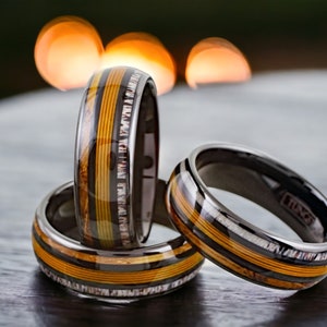 8mm Black Tungsten Ring with Deer Antler, Whiskey Barrel & Gold Fishing Line